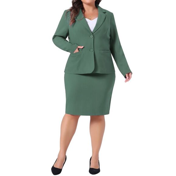 Plus Size 2 Piece Formal Office Blazer Pencil Skirts Set Green - Picture 1 of 6